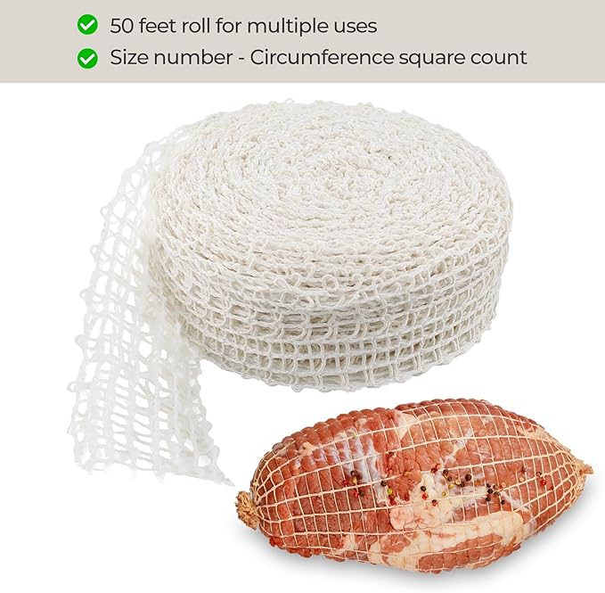 The Sausage Maker® 50ft Meat Netting Roll Size 20, Elastic Butchers Twine Cooking String Food Net For Turkey Breast, Large Bologna, Pork Butt, USA Made, BPA Free Stretchable Poly-Cotton Mesh, 5.5" Dia