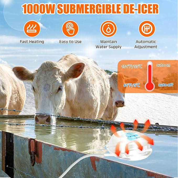3 Pcs Submersible Water Heater Bird Bath Heater Chicken Waterer De-icer Water Trough Outdoor for Farm Pond Winter Poultry Livestock Tank Horse Drink, Pipe Tape Cord Cover(Blue,500w)