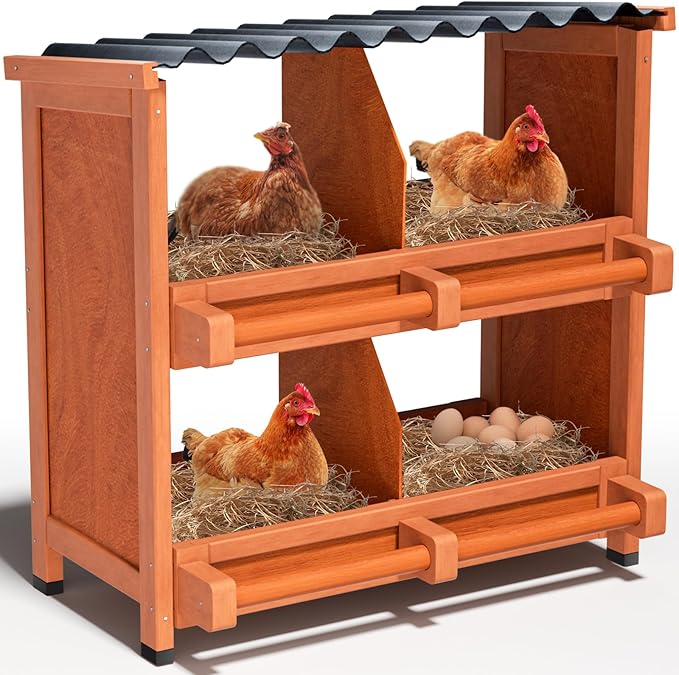 2-Tier Chicken Nesting Box, 4 Compartment Wooden Nesting Box for Chickens with Waterproof Roof, Non-Slip Stable Base, Heavy Duty Chicken Laying Boxes for Hens, Duck, Poultry, Bird, Orange