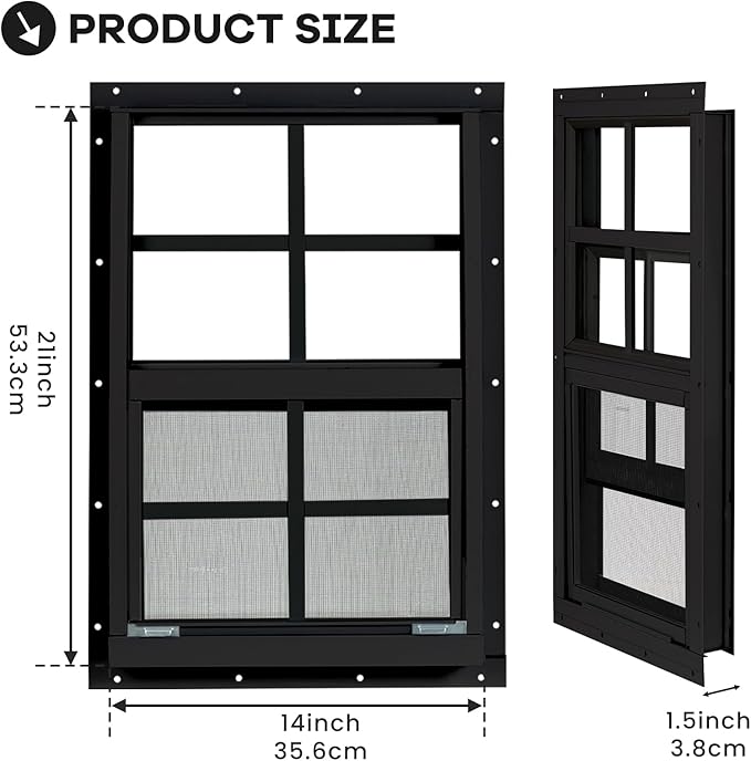 Shed Windows 2 Pack, Chicken Coop Windows 14" x 21" with Tempered Glass and Fiberglass Screen, Flush Mounted Small Window for Shed, Barns, Playhouse, Household, Garage (Black)