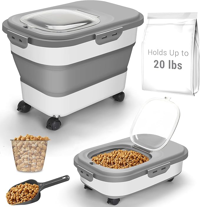 Dog Food Storage Container, 20Lbs Rice Storage Container Dispenser, Airtight Large Pet Cat Food Bin with Wheels, Scoop & Measuring Cup, Collapsible Kitchen Dry Food Holder for Four Sugar Cereal Kibble