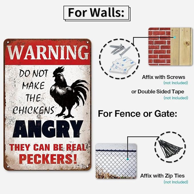YOYI ART Funny Metal Warning Chicken Signs for Coop - Vintage Tin Sign for Chicken Coop, Outdoor, Kitchen, Farmhouse Wall Decor Art Accessories, Chicken Gifts for Women, 8 x 12 inch