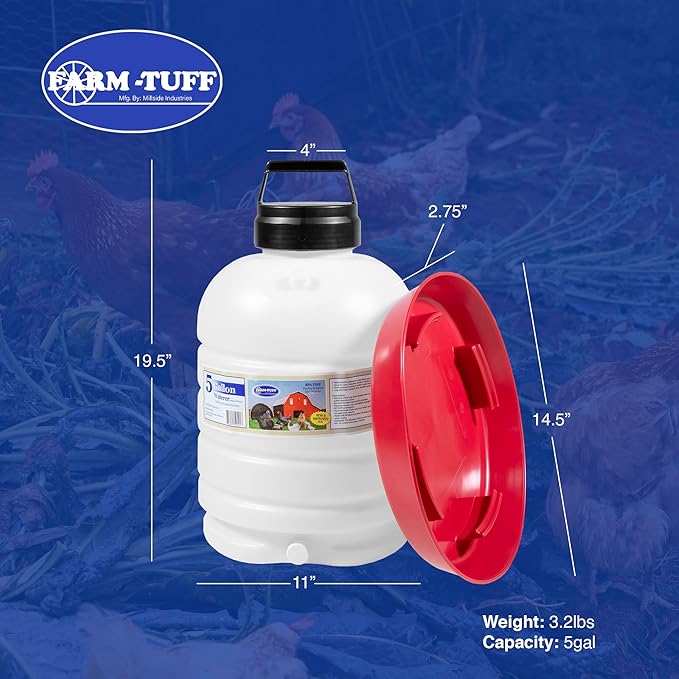 FARM-TUFF Premium 5-Gallon Hanging Chicken Waterer – BPA-Free Plastic, Top-Fill Poultry Fountain for Chickens, Ducks, Turkeys & Game Birds