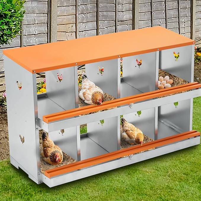 Chicken Nesting Boxes, 8 Hole Chicken Boxes for Laying Eggs with Lid, Metal Nesting Boxes for Chickens with Swing Perch and Roll Away Egg Collection for Chicken Coop, 1 Layer 3 compartments