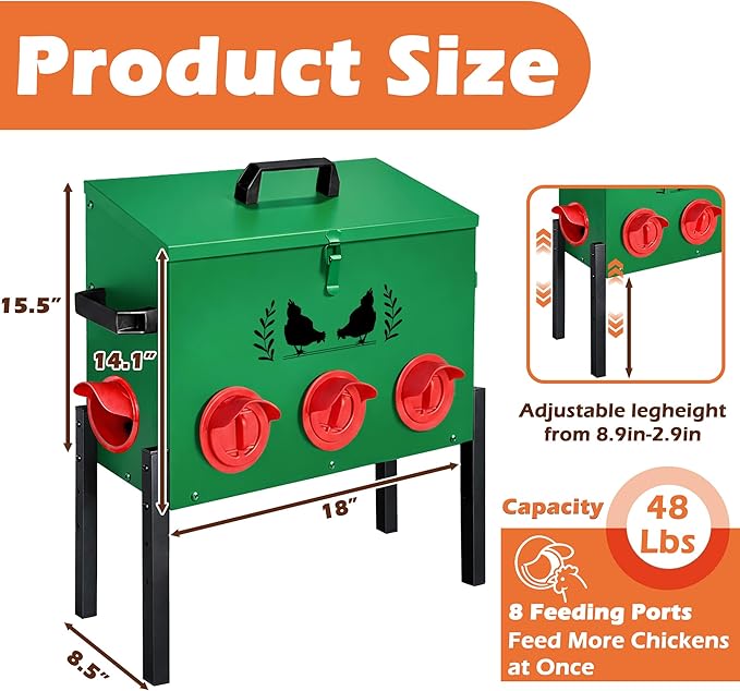 Large Capacity Automatic Chicken Feeder, 8 Port Chicken Feeder, 48LB Metal Chicken Feeders with Locking Lid & Adjustable Legs, No Waste Chicken Feeder, Green