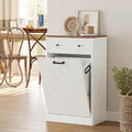 Single 10 Gallon Wood Grain Tilt-Down Trash Can Cabinet with Storage Drawer,Wood Grooved Recycling Cabinet with Wave Texture Hidden Pull-Out Trash Can for Kitchen,Bathroom (Trash Can Cabinet-White)