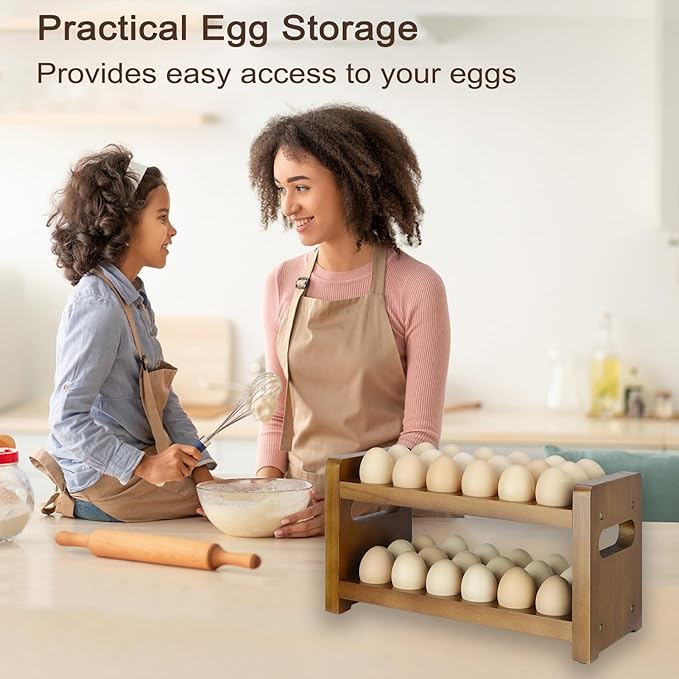 Egg Holder Countertop, 2-Tier Wooden Egg Holder for 36 Eggs, Wooden Countertop with Carry Handle for Chicken, Duck, and Quail Eggs