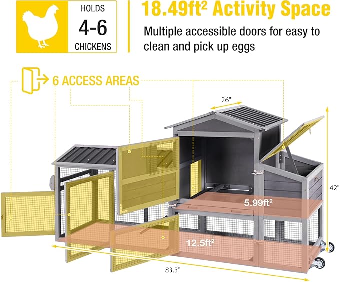 Aivituvin 83in Chicken Coop Mobile Hen House Outdoor Wooden Poultry Cage with Wheels Nesting Box Run for 4-6 Chickens