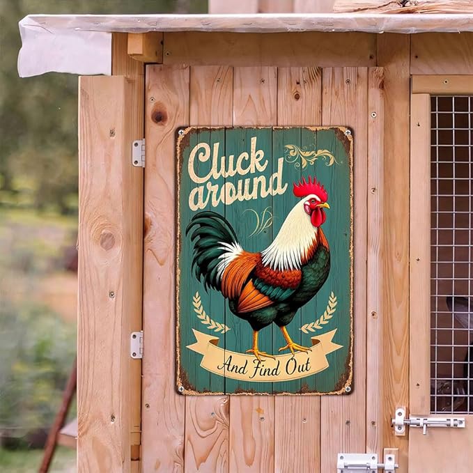FunnySign Chicken Gifts Rooster Décor Cluck Around And Find Out Rustic Tin Sign For Home Farm Chicken Coop Decor 8x12 Inch (9703)