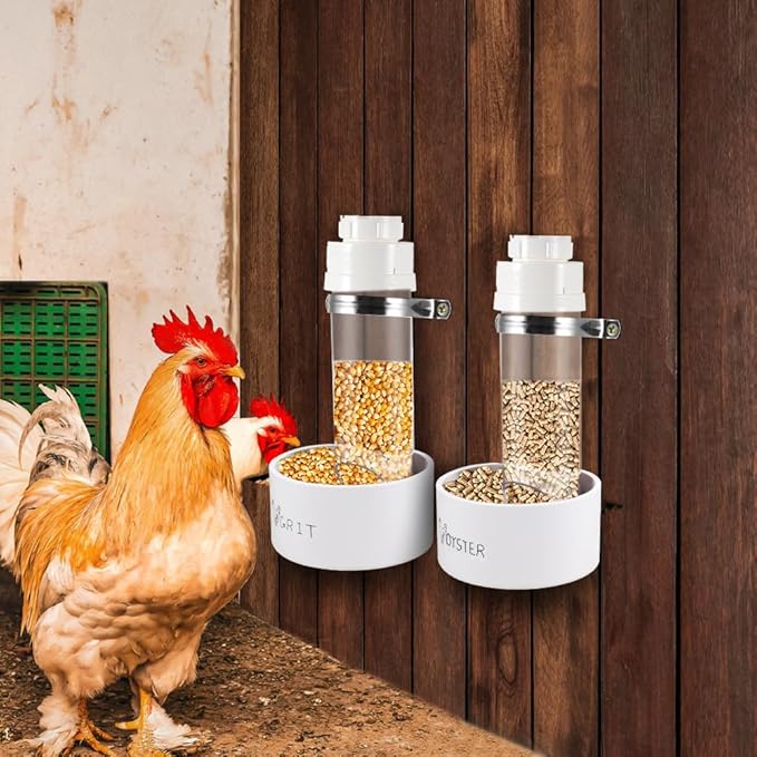 2 Pack Transparent PVC Chicken Feeder, Oyster Shell and Grit Feeder Hanging Ground Chicken Coop Feeder with Hanging Hook for Hens & Chicks (White)