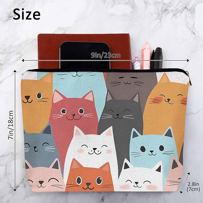 Women Cosmetic Bag Cat Cute, Colorful Cats Funny Kitten Cute Makeup Bag For Purse Cosmetic Travel Bag For Toiletries Makeup Storage Bag Flax Skincare Bag Make Up Pouch Bags