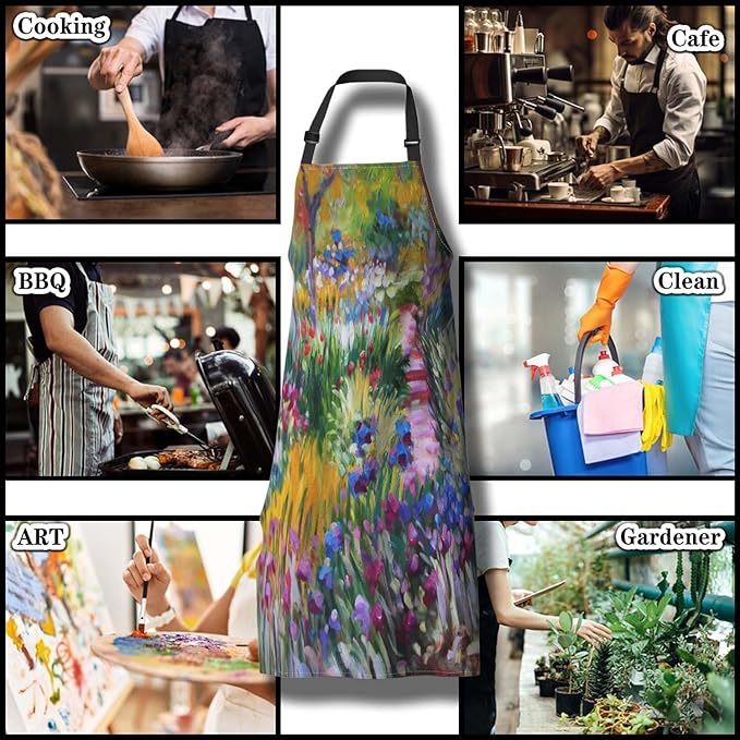 Cook Apron for Men Monet the Iris Garden Vintage Aprons for Women for Kitchen Cooking Restaurant BBQ Painting Crafting Gardening 27” (W) x 31” (H), Waterproof Aprons