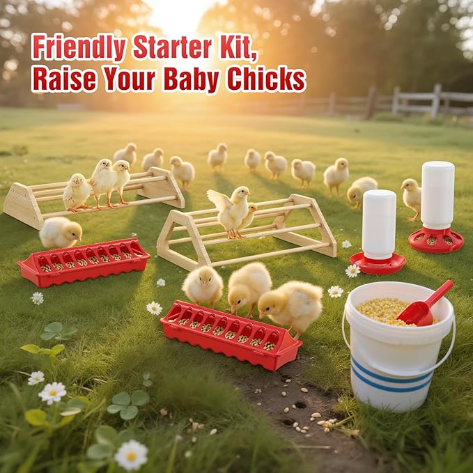 Pawaboo 7-in-1 Chicken Brooder Box for Chick Starter Kit, Includes Chicks Perches, Chicken Feeders, Chick Waterers, Chickens Feeding Spoon, Chicks Supplies (Brooder Set), Red + Wood Color