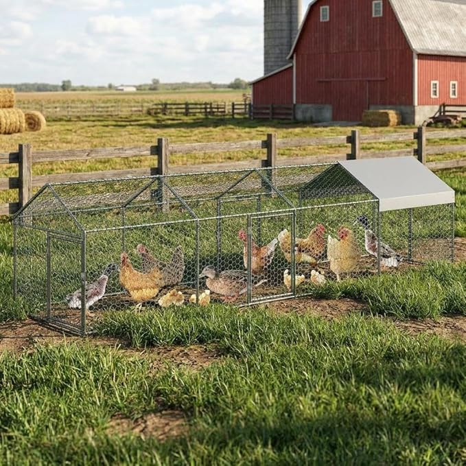 160"x 40"x 40" Large Metal Chicken Coop, Walk-in Chicken Run with Waterproof and Anti-UV Cover, Outdoor Poultry Cage with 4 Doors for Hen Rabbit Duck Goose, Silver