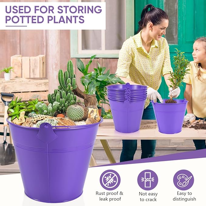 OBTANIM 7 Pack Purple Metal Buckets with Handle Galvanized Ice Pails for Plants, Succulents, Party Favors Organizing, Rustic Home Decor or Classrooms Pencil Storage (9.1 x 6.7 inch)