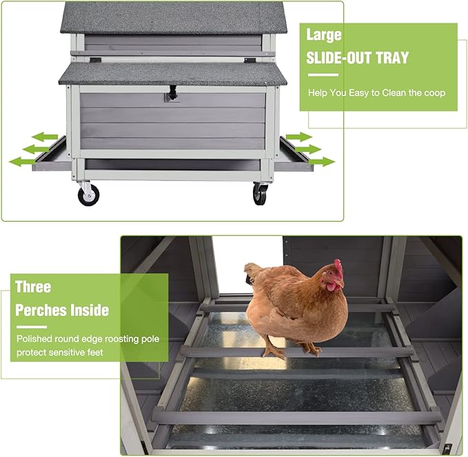 GUTINNEEN Chicken Coop Movable Large Duck Cage On Wheels Outdoor Rabbit Hutch Wooden Hen House with Two Nesting Boxes