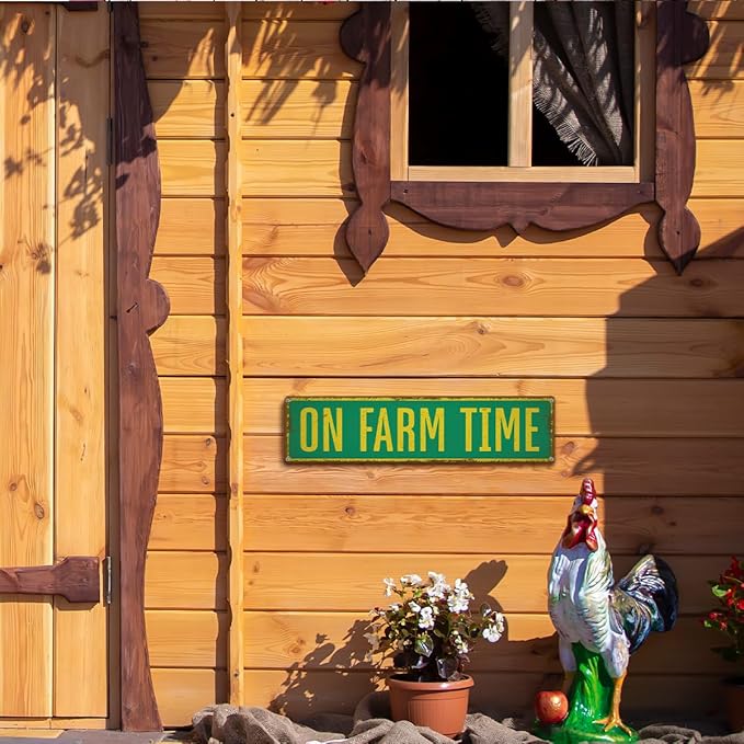 Cute Farm Decor, On Farm Time Sign, 15.8x4 inches, Decorative Metal Tin Signs for Outdoor, Wall Decors Art, Chicken Coop Decoration, Home Garden Yard Decor, Aluminum Wall Plaque, Farmer Gift