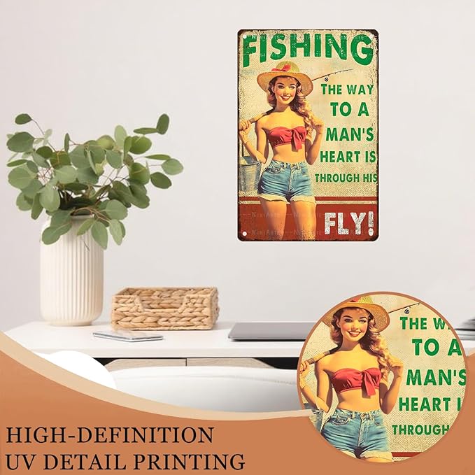 Pin Up Girl Fishing Metal Tin Sign The Way to A Man's Heart Through His Fly Vintage Sign for Wall Art Decor for Home Angler Wall Decor Cafes Lake House Seascape Decor 8X12Inch