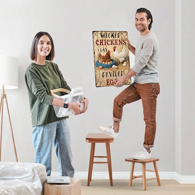 Rustic Metal Tin Sign Wicked Chickens Lay Deviled Eggs Poster Art Country Kitchen Wall Decor Outdoor & Indoor Farmhouse Sign Metal Plaque 8x12 Inch 12X16Inch