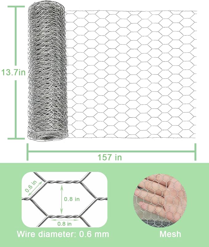 Vensovo Galvanized Chicken Wire Roll 13.7" x 157" - 0.8" Hexagonal Chicken Wire Mesh for Garden Fence, Rabbit Fence, Chicken Coop, Floral Arrangements & DIY Crafts