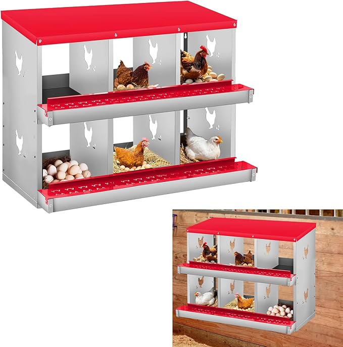 Metal Nesting Boxes for Chickens-6 Compartment Chicken Nesting Box for Laying Eggs, Wall Mountable Roll Away Laying Boxes for Hens and Chicken Coop