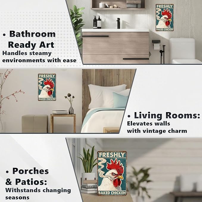 Funny Chicken Metal Signs Rooster Kitchen Decor Freshly Baked Chicken Tin Signs Vintage Farmhouse Poster Rustic Wall Decor For Home Farm Cafe Bar Pub Man cave Living Room Office 12 * 8 In
