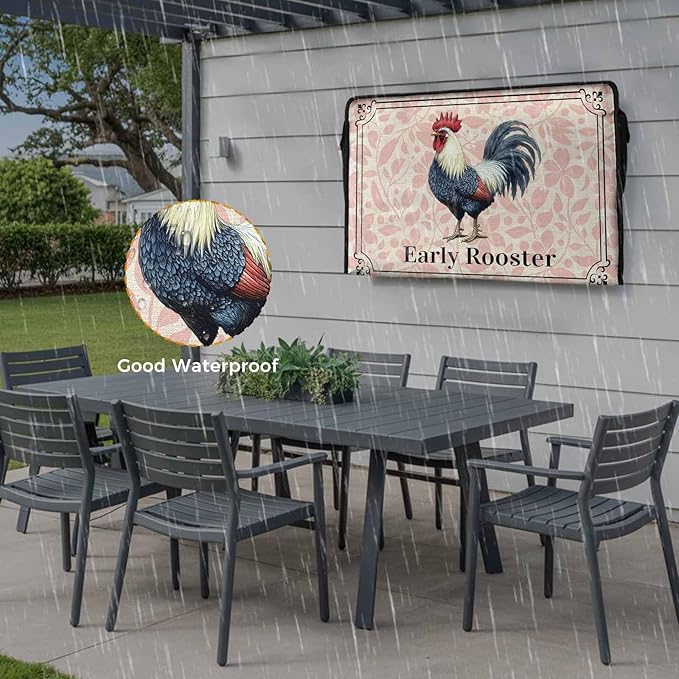 Waterproof Outdoor TV Cover 48 to 50 Inch, Farm Chicken Rooster on Vintage Linen Outside Flat Screen Televisions Weatherproof Cover Size 48"L x 30"H, Pink Flower Plant TV Protector With Zipper