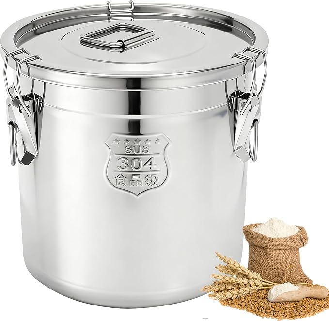 5.55Gal/21L Stainless Steel Airtight Canister, 304 Stainless Steel Food Storage Container, 710.4oz Large Metal Bucket with Lid and Lock Clips for Coffee Beans, Flour, Tea, Sugar, Cereals