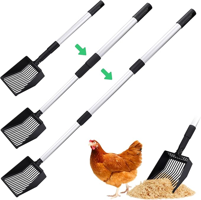 Mity rain Chicken Coop Accessories, 3 in 1 Adjustable Chicken Scooper for Cleaning, Sifting Shovel for Chicken Coop Separating Poo and Debris from Sand, Chicken Litter Scoop Supplies