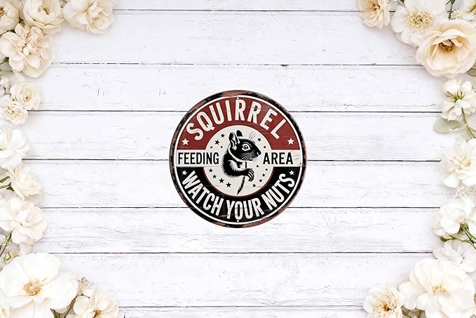 Squirrel Feeding Area Metal Sign 8x8in Round Garden Plaque for Yard Wall Decor Wildlife Gift