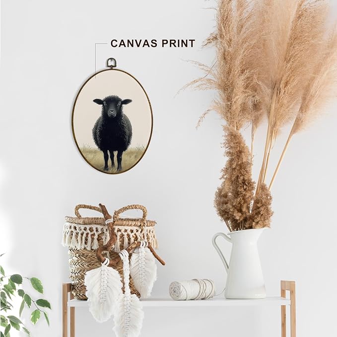dvhdajed Vintage Black Sheep Oval Wall Art Decor, Easter Farmhouse Sheep Framed Canvas Art,Gifts for Sheeps Lovers Women, Cottagecore Sheeps Oval Wall Hanging Decor for Nursery Bedroom, 8.7x11.3