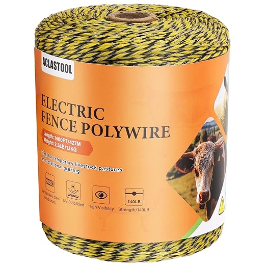 Electric Fence Wire, 1400ft 427m, Polywire for Portable Livestock Fencing, 6 Stainless Steel Strands for Reliable Conductivity and Rust Resistance, UV Resistant