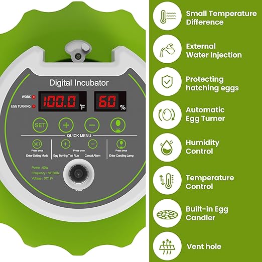 18-Egg Incubator with Automatic Egg Turning & Humidity Control, HD Panoramic View, Built-in Candler for Hatching Chicken, Duck, Quail Eggs Farms, Science Labs, Classroom, Home Use