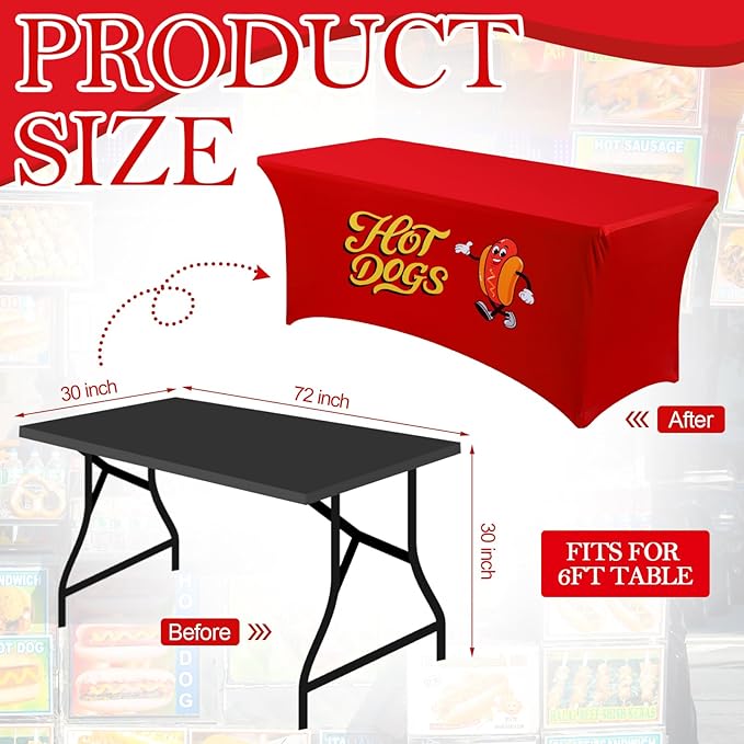 Oudain 6 ft Hot Dogs Tablecloth Stretch Spandex Hotdogs Table Cloth Cover Rectangle Table Hotdog Party Decorations for Sausage Food Hot Dog Concession Stand Supplies