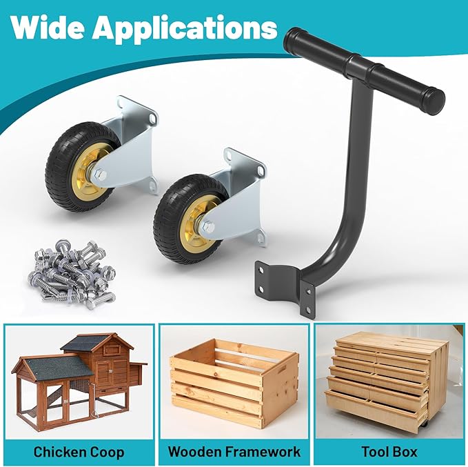 Chicken Coop Wheels Kit, 2 Pack 4" Fixed Caster Wheels & A Pull Handle, Fit for Mobile Chicken Cage, Chicken Tractor & Poultry House, Portable Chicken Coop Accessories, Easy to Use