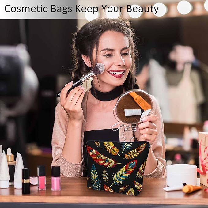 Peacock Feathers Makeup Bags Makeup Organizer, Tribal Tropical Peacock Feather Flax Toiletry Bags Travel Cosmetic Bag Makeup Purse Pouch Skincare Bag Wallet Bags For Women Men