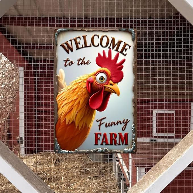 FunnySign Chicken Gifts Rooster Décor Welcome To The Funny Farm Rustic Tin Sign For Home Farm Chicken Coop Decor 8x12 Inch (9707)