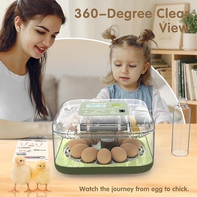 12 Egg Incubator with Automatic Turning, Temperature and Humidity Control, LED Egg Candler, and Auto Water Addition, for Hatching Chicken, Goose, Duck, Quail, Pigeon, and Turkey Eggs