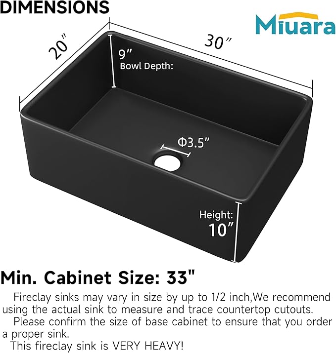 Miuara Black Farmhouse Sink 30 Inch - Apron Front Undermount Kitchen Sink 30"x20"x10", Farm House Style Deep Single Bowl, Heavy Duty Solid Fireclay, Matte Black, for Kitchen