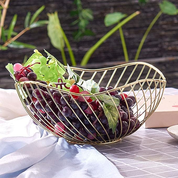 IBWell High Style Curved-Edge Modern Creative Stylish Single Tier Dish,Metal Iron Wire Fruit Vegetables Bread Decorative Stand Serving Bowls Basket Holder (Gold-Twill)