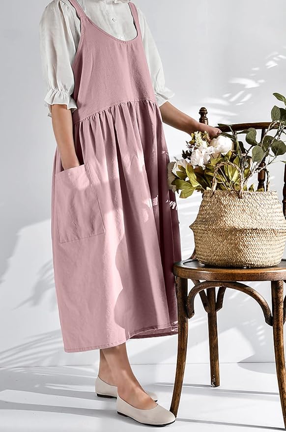 NEWGEM Cotton Cross Back Apron for Women with Pockets Cute Japanese Korean Criss Kitchen Aprons Pink