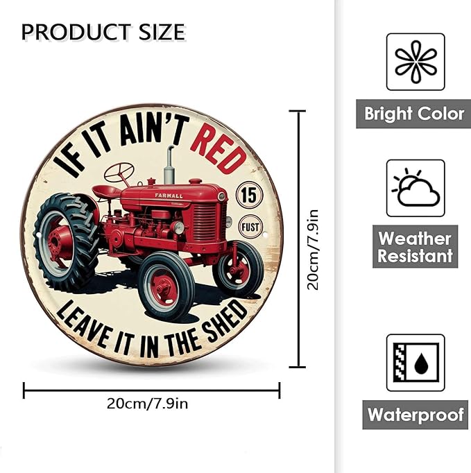 Tractor tin sign, Vintage Farm Vehicle metal sign Print Aesthetic Room Decoration for Home Bedroom Bar Cafe Garden and Outdoor Round Wall Decor (8 inch)