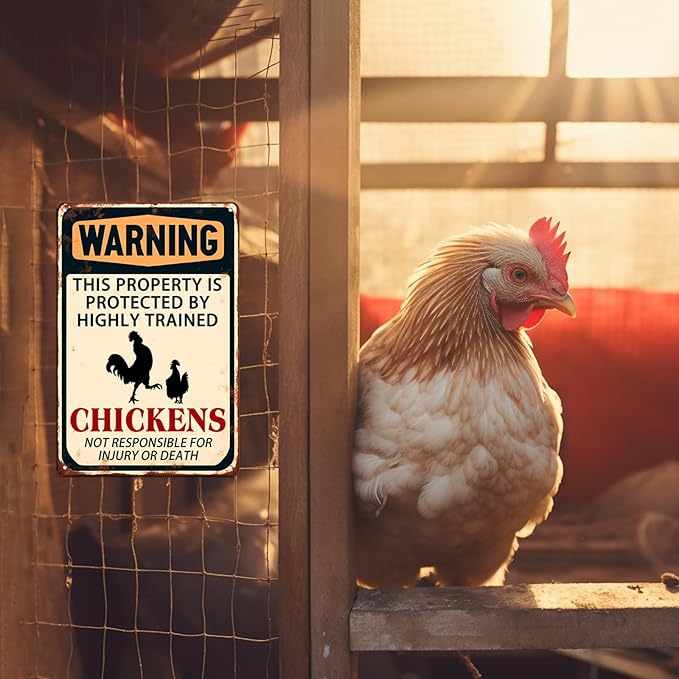 Warning This Property Is Protected By Highly Trained Chickens Metal Tin Sign Funny Farmhouse Security Warning Sign Vintage Metal Wall Decor Novelty Farmhouse Chicken Coop Decor 8x12 Inch