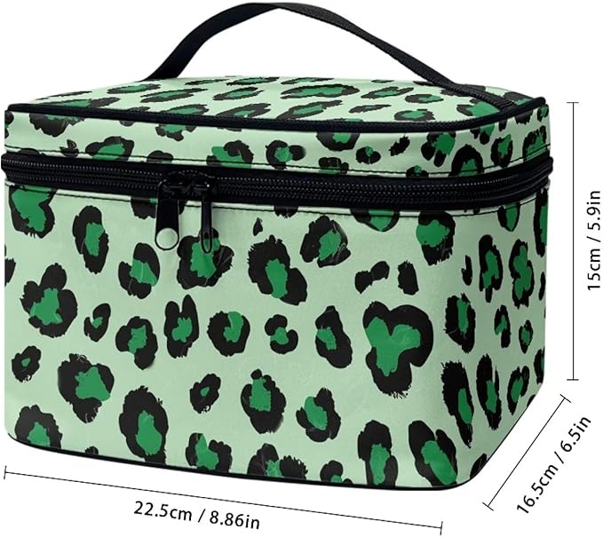 Travel Makeup Bags for Women Portable Tote Cosmetic Case with Carry Handle Toiletry Accessories Storage Organizer Bags, Leopard Green