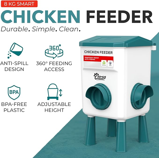 Automatic Chicken Feeder and Waterer Set, Adjustable 3 in 1 Poultry Feeder with Short & Long Legs & Hanging Hook, 7L Chick Waterer & 17.6lb Chick Feeder, No Waste Design for All Poultry Sizes