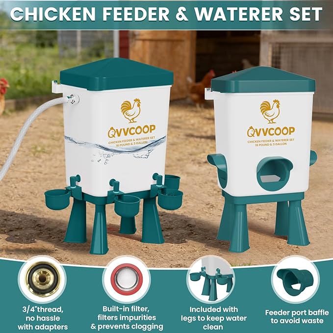 Chicken Feeder, Chicken Waterer with Float Valve, Automatic Poultry Feeder and Waterer Set for Duck Turkey, Chicken Coop Accessories, 3 Gallon Set(Upgraded), Blue