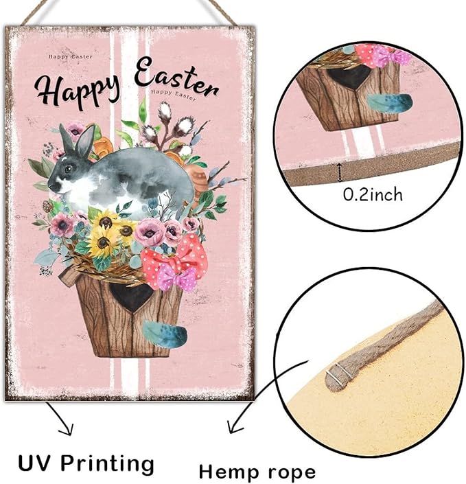 Happy Easter Flower Basket Bunny Wall Decor Wood Sign French Style Floral Pink Stripes Wood Plaque Hello Spring Happy Easter Day Wood Wall Art Signs for Kitchen 12x18in