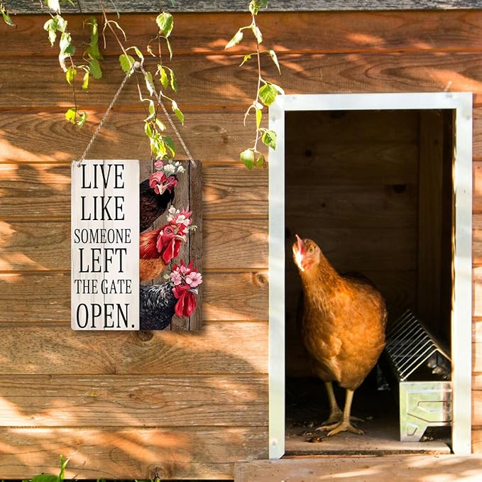 Chicken Gifts Sign Chicken Coop Accessories Chicken Signs Live Like Someone Left The Gate Open Sign Rooster Decor for Home Farm Chicken-Coop Kitchen Garden Yard Country Decor 8x10 Inch