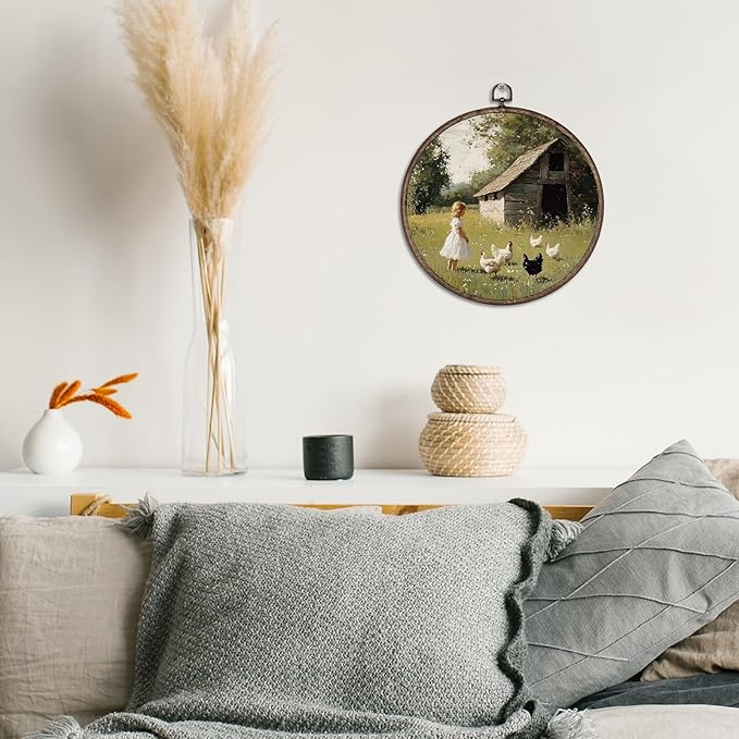 Giosve Rustic Farmhouse Round Wall Art Canvas Framed Poster, Retro Country Farmhouse Girl Feeding Chickens Hanging Wall Sculptures for Home Bedroom Living Room Decor, 10x10 Inch