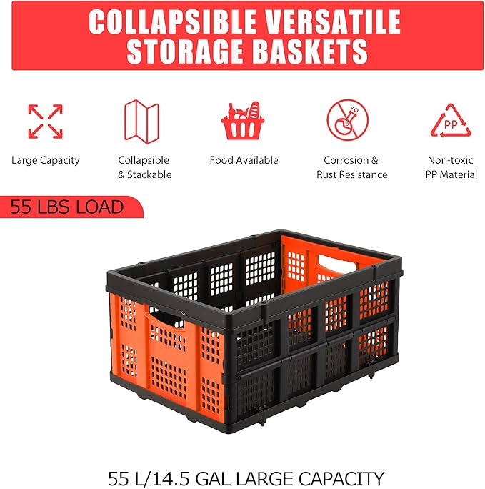 14.5 Gallon Orange Collapsible Milk Crate, Heavy-Duty Plastic Storage Container with Handles, 55 LBS Load Capacity Stackable Folding Bin for Home Office Farm Garage Basement.